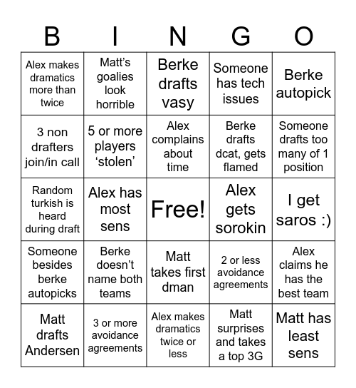 Hockey Bingo Card