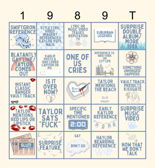 1989 Taylor's Version Bingo Card