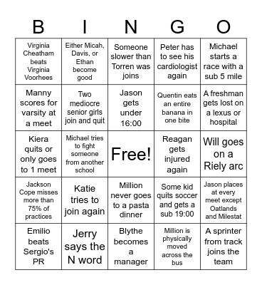Cross Country 2024 Bingo Card