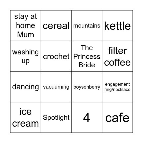 Sarah's Kitchen Tea Party Bingo Card