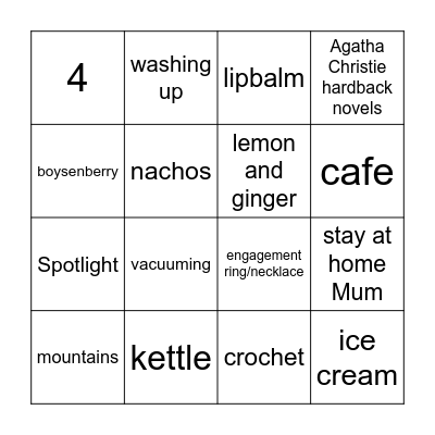 Sarah's Kitchen Tea Party Bingo Card