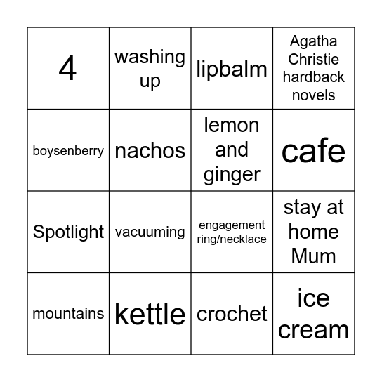 Sarah's Kitchen Tea Party Bingo Card