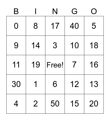 NUMBER BABY Bingo Card