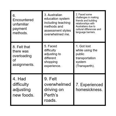 Culture Shock Bingo Card