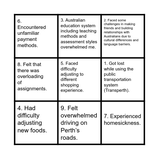 Culture Shock Bingo Card