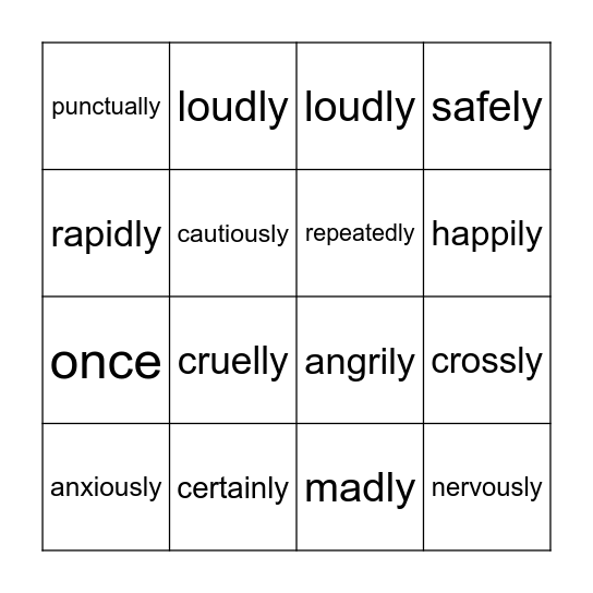Adverb Bingo Card
