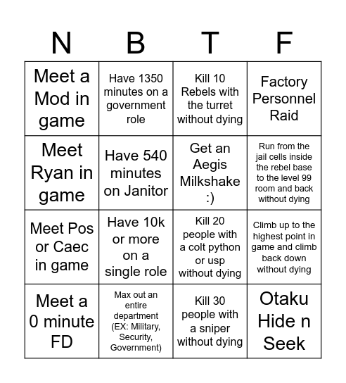 NBTF Bingo (Hard) Bingo Card