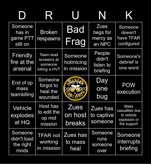 Drunken Battalion Bingo Card