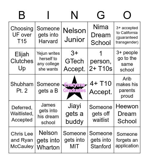 Chiles '24 College Bingo Card