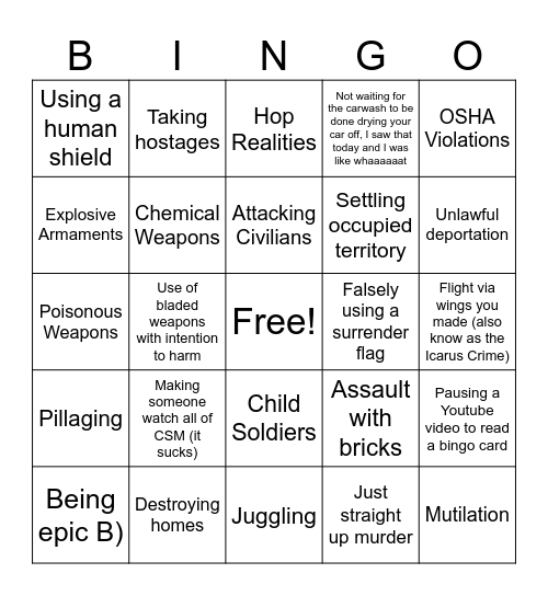 War Crime Bingo Card