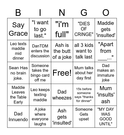 Dinner Table Bingo Card