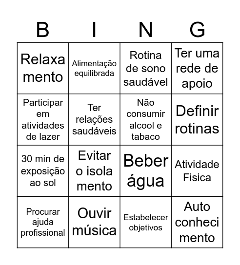 Saúde Mental Bingo Card