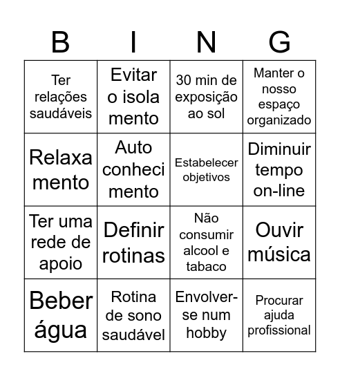 Saúde Mental Bingo Card