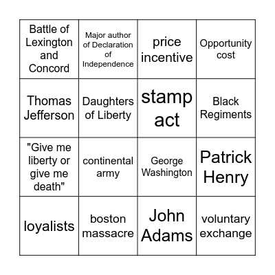 American Revolution Bingo Card