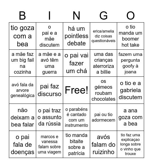 momento almoço de família Bingo Card