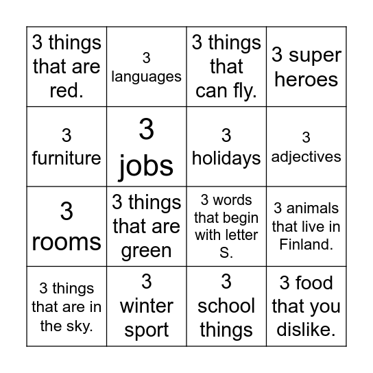 NAME 3 THINGS Bingo Card