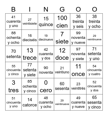 Los números en español Bingo Card