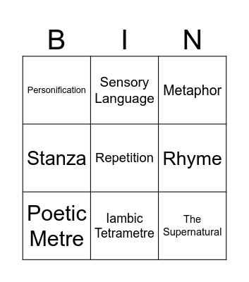 Narrative Poetry Key Words Bingo Card