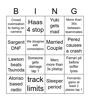 F1 Bingo Card