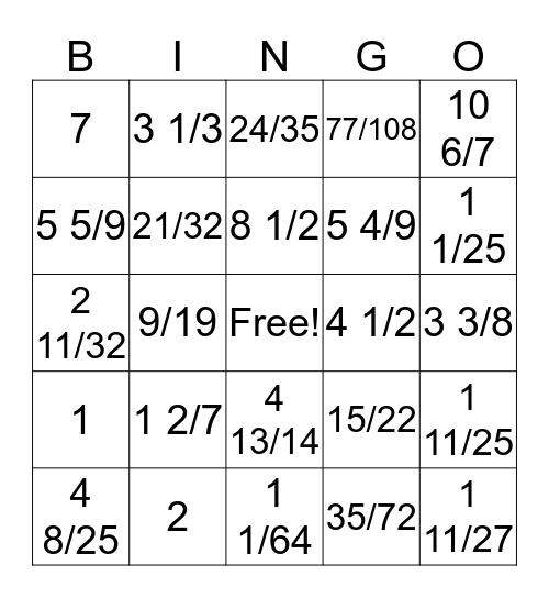 Dividing Mixed Number Bingo Card