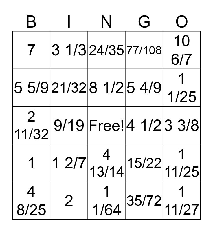 Dividing Mixed Number Bingo Card
