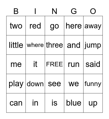 SIGHT WORD BINGO Card