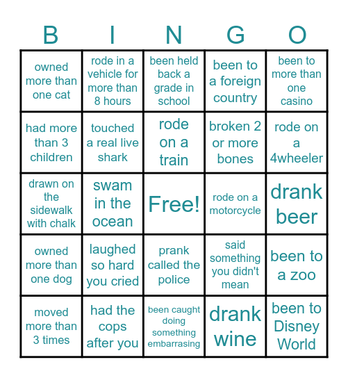 THINGS I'VE DONE! see how many bingo's your life gets you! Bingo Card