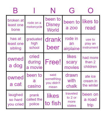 THINGS I'VE DONE! CROSS OFF THE THINGS YOU HAVE DONE IN THE PAST! See how many bingo's your life gets you! Bingo Card