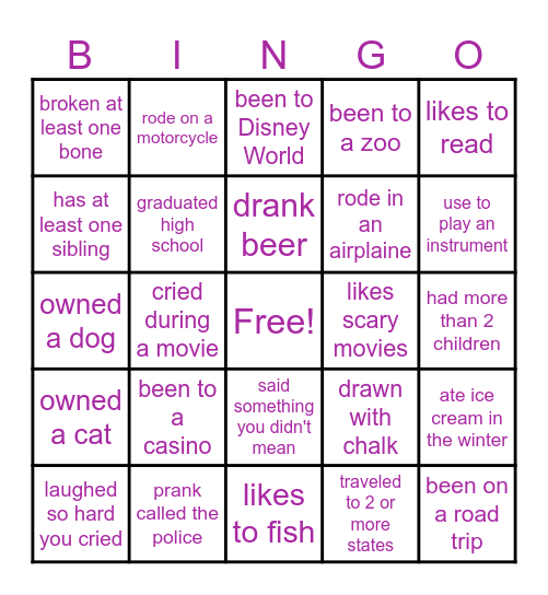 THINGS I'VE DONE! CROSS OFF THE THINGS YOU HAVE DONE IN THE PAST! See how many bingo's your life gets you! Bingo Card