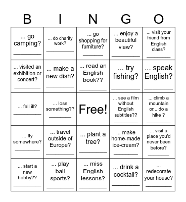 Over summer vacation, you did the following... Bingo Card