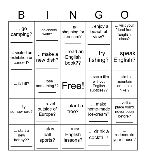 Over summer vacation, you did the following... Bingo Card
