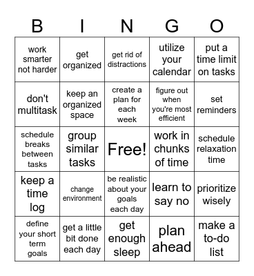 TIME MANAGEMENT BINGO Card