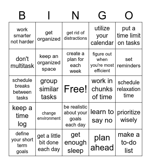 TIME MANAGEMENT BINGO Card