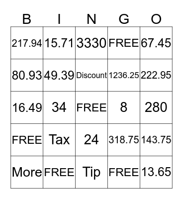 Tip, Tax, Discount Bingo Card