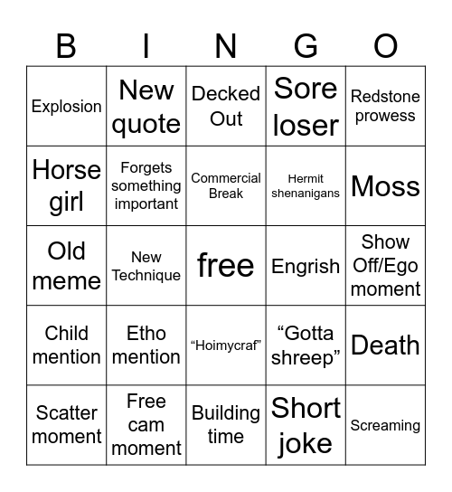 Bdubs Bingo Card