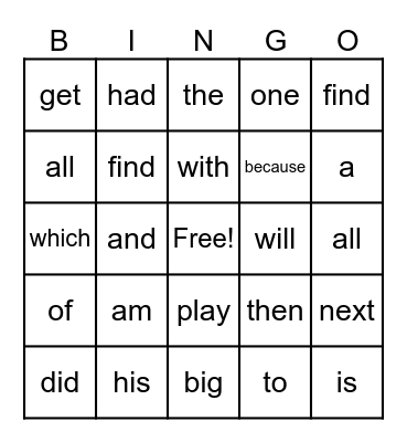 Sight Words Bingo Card
