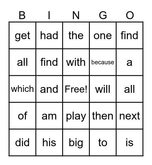 Sight Words Bingo Card