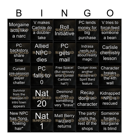 Sunforged Episode 5 Bingo Card