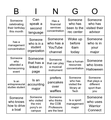 College of Business Bingo Card