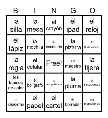 Los útiles escolares Bingo Card