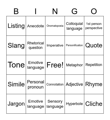 Language Features Bingo Card