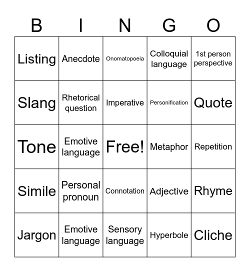 Language Features Bingo Card