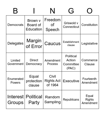 Midterm Exam Review - Honors US Government Bingo Card