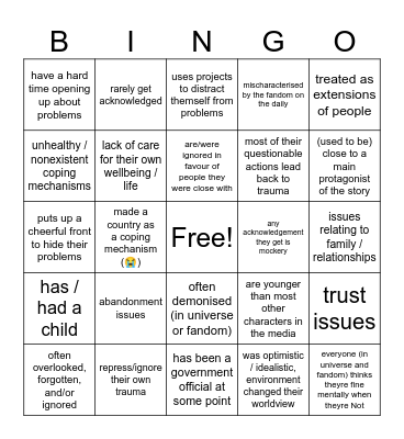 comfort chara trope bingo card Bingo Card