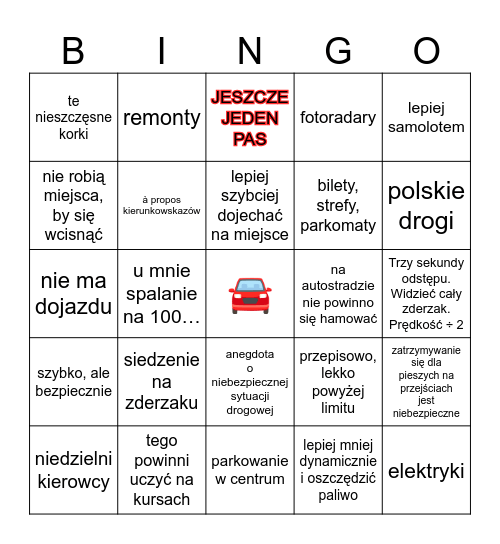 Dyskusja samochodowa Bingo Card