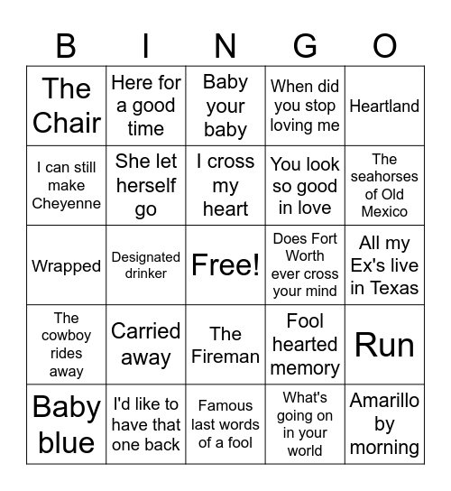 George Strait Bingo Card