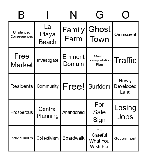 Road to Surfdom Bingo Card