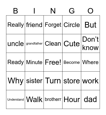 Family, Places, etc. Bingo Card