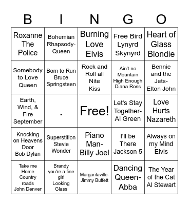70s Music Bingo Card
