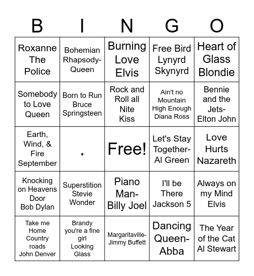 70s Music Bingo Card